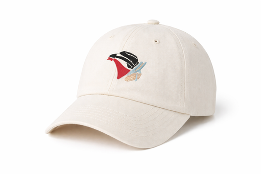 Beige cap with a colorful logo on a white background